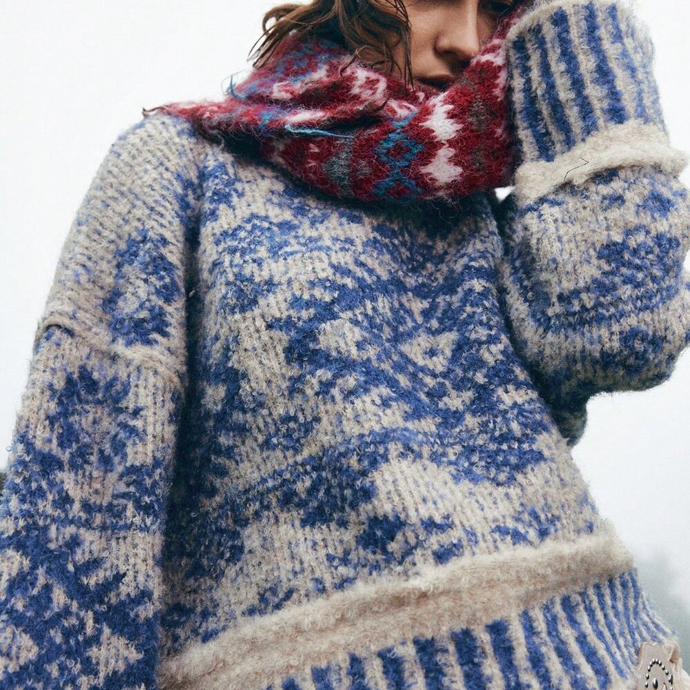 Blue And White Boho Women's Fuzzy Sweater - Picture 7 of 9